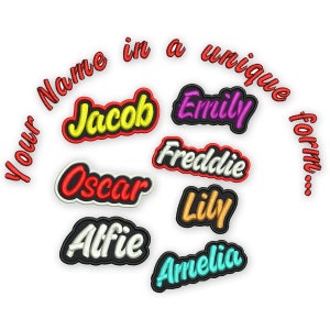 May include: A collection of embroidered iron-on patches with names in a unique font style. The names include Jacob, Emily, Freddie, Oscar, Lily, Alfie, and Amelia. The patches are in various colors, including yellow, purple, red, orange, and blue.