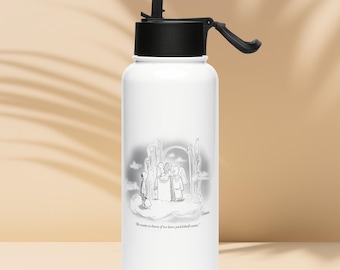 May include: White water bottle with a black lid and handle. The bottle features a cartoon illustration of a person in front of angels. The text on the bottle reads, "He wants to know if we have pickleball courts."