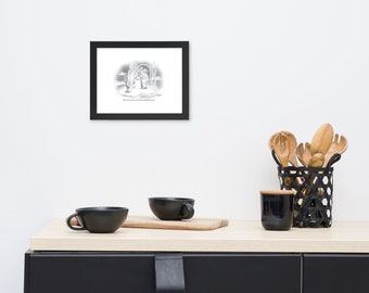 May include: A framed black and white cartoon print with the text "He wants to know if you've got a good wine." Two black coffee cups and a wooden cutting board sit on a light wood surface.