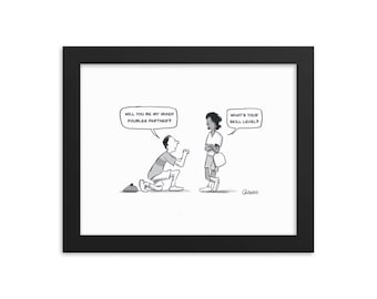 Romantic Funny Pickleball Proposal Framed Cartoon Print