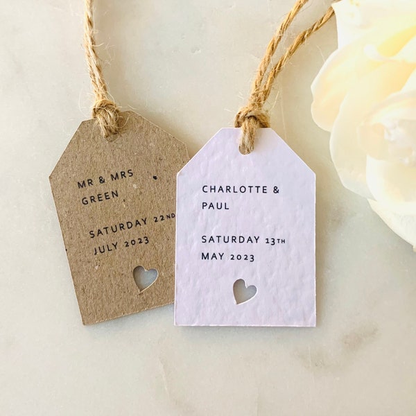 Étiquette de cadeau de mariage avec découpes cœurs — Mini étiquettes à bagage — Étiquettes de remerciement — Étiquettes baby shower — Étiquettes personnalisées — Kraft marron ou blanc