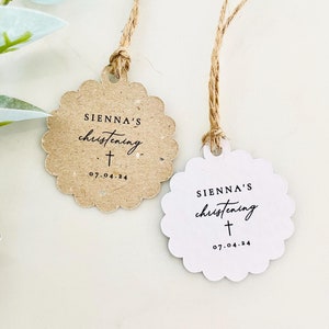 Etichetta bomboniera battesimo con bordo smerlato — Etichette ringraziamento — Etichette baby shower — Etichette personalizzate — Battesimo — Kraft marrone o bianco