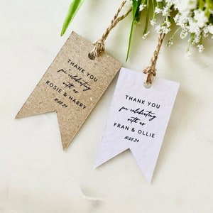 Banner Wedding Favour Tags - Baby Shower Tags - Thank You Labels - Couples Name & Date - Kraft or White