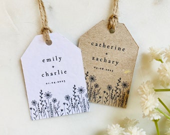 Wedding Favour Tags - Floral Wildflower Design - Mini Luggage Tags - Custom Thank You Tags - Kraft White - Linen - Hammered