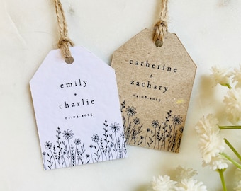 Wedding Favour Tags - Floral Wildflower Design - Mini Luggage Tags - Custom Thank You Tags - Kraft White - Linen - Hammered