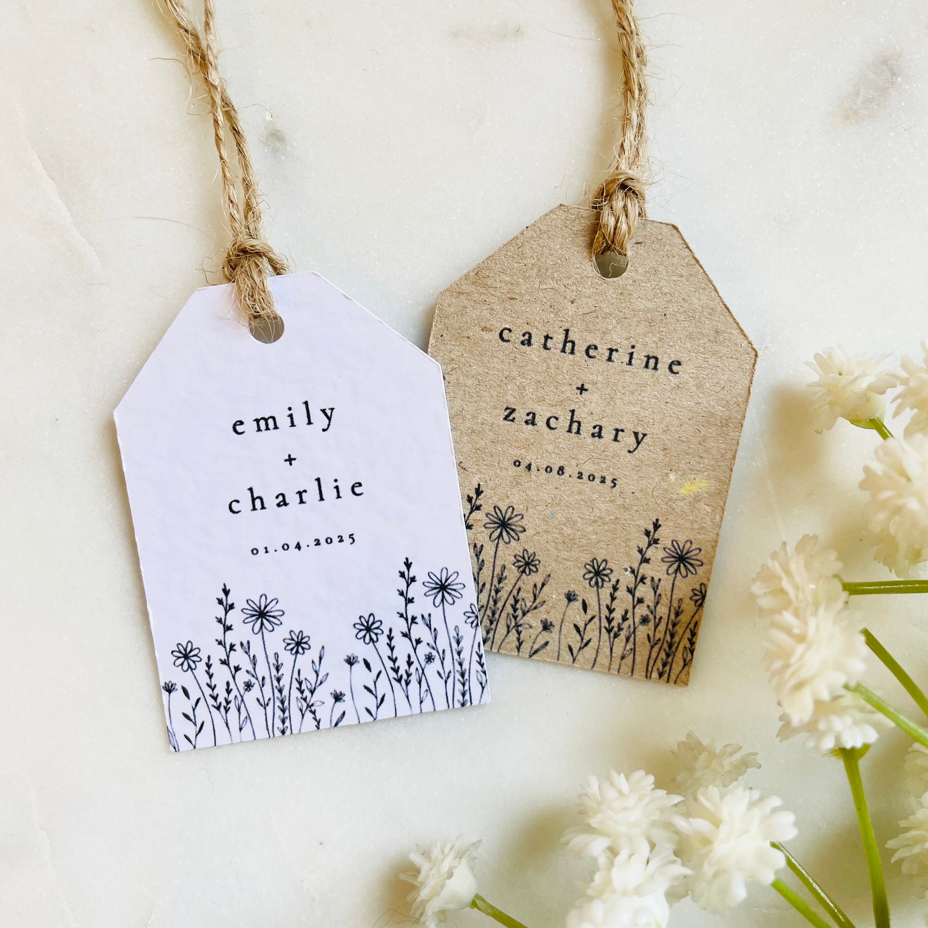 Wedding Favour Tags - Floral Wildflower Design - Mini Luggage Tags - Custom Thank You Tags - Kraft White - Linen - Hammered