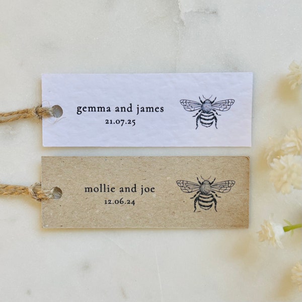 Étiquette de cadeau de mariage abeille - étiquette de remerciement abeille - étiquette de date pour couple - kraft blanc - lin martelé texturé