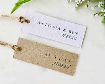 Personalised Wedding Favour Tags - Rectangular with Block Capital Serif Font, White or Kraft