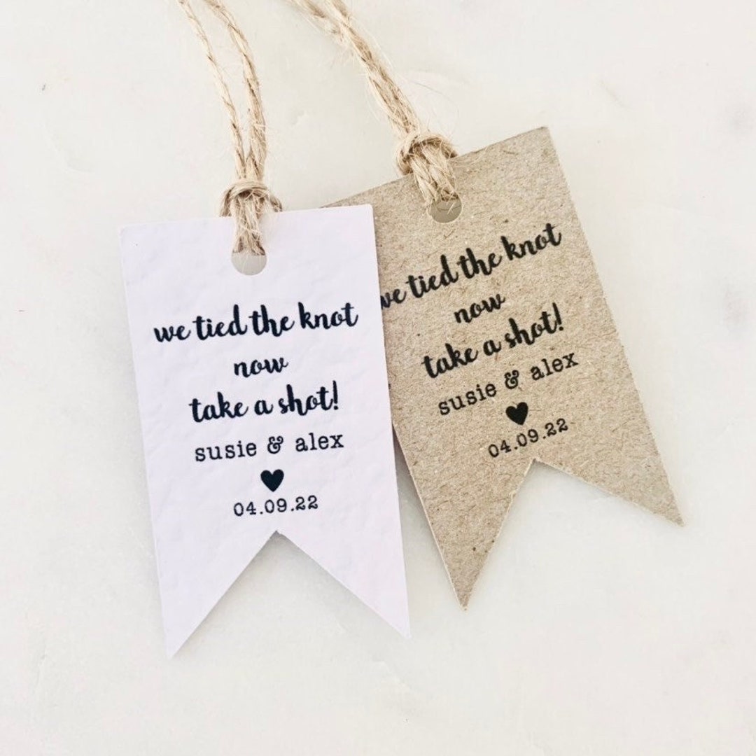 Personalised Wedding Favour Tags - We Tied the Knot, Miniature Shot ...