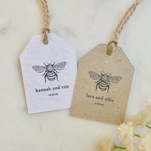 Etichette per bomboniere - Design ape - Mini etichette per bagagli - Etichette di ringraziamento personalizzate - Bianco Kraft - Lino - Martellate