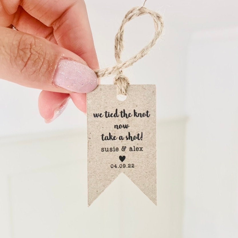Personalised Wedding Favour Tags - We Tied the Knot, Miniature Shot ...