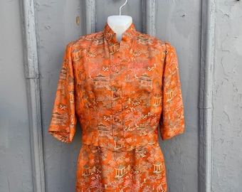 Vintage Asian Chinoiserie Brocade dress & matching jacket set, size 4-6