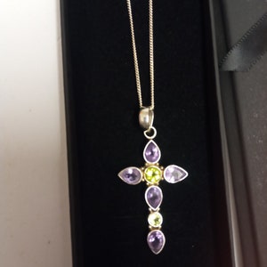 Sterling Silver Peridot and Amethyst Cross Necklace
