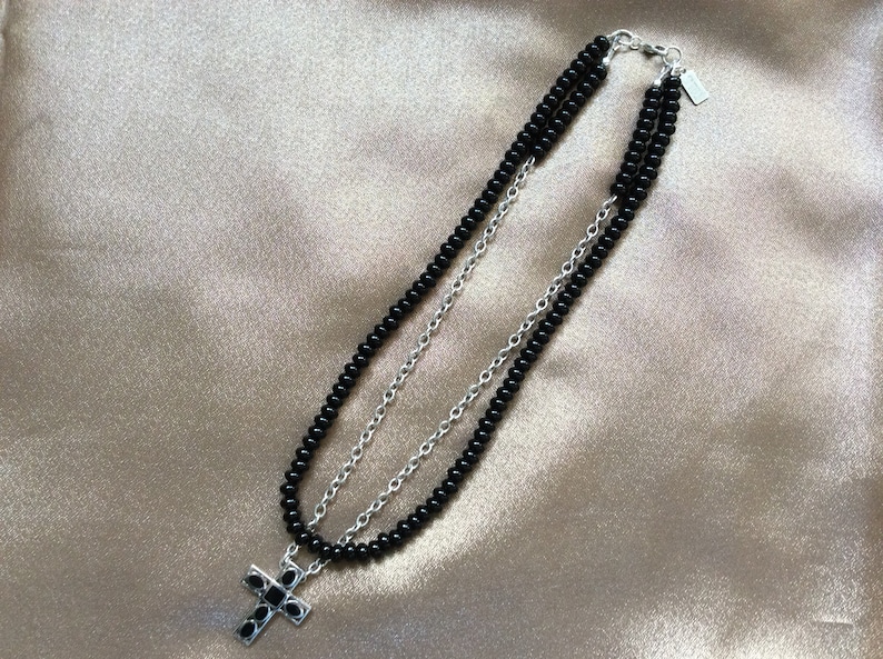 Onyx Necklace with Sterling Silver Cross
