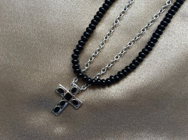 Onyx Necklace with Sterling Silver Cross