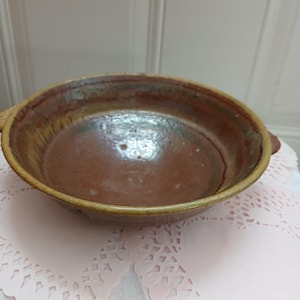 Vintage French, Mexican, American, Primitive Glazed Clay Bowl with handles