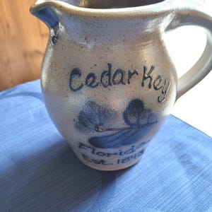 Salt Glazed Stoneware Pitcher: Cedar Key Florida Blue Design (1988)