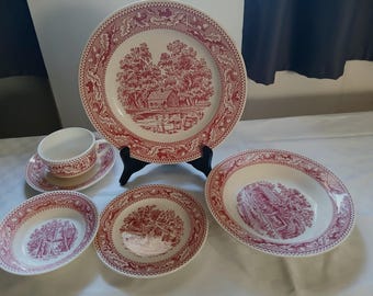 Vintage 1965 Royal Ironstone Red and White Memory Lane Dinner Plates