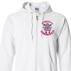 May include: White zip-up hoodie with a graphic of a pig wearing a hat and holding a bow tie. The text "Whirly Pig is Coming!" and "We'll All Fall Down" are printed on the design. The hoodie has a drawstring hood and front pockets.