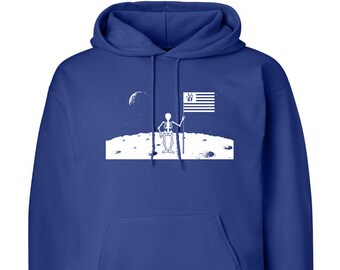 Grateful Sweats Fleece Hoodie Unisex Standing on the Moon royal blue Subtle jamband fan art
