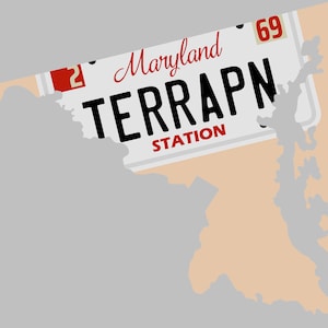 May include: A light peach-colored silhouette map of the state of Maryland overlaid with a white license plate featuring the text Maryland, 69, 2, TERRAPN, and STATION in red and black lettering against a gray background.