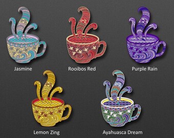 Ensemble d'épingles pour thé chaud Goosey Pin 2 po. Les épingles de collection incluent Jasmine Purple Rain Rooibos Red Lemon Zing Ayahuasca Dream Inspiré de la chanson Hot Tea