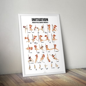 Può includere: Un poster con cornice bianca intitolato "INITIATION" mostra illustrazioni di movimenti principali di pole dance. Il poster presenta una serie di figure in abiti rossi e neri che dimostrano varie pose, ognuna etichettata. Il poster è appoggiato a un muro su un pavimento in legno.