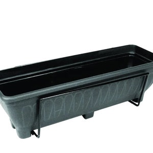 May include: Black plastic planter with a metal stand. The planter has a textured surface and is designed for hanging.