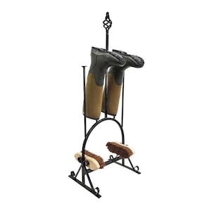 May include: Black metal boot rack with two pairs of brown rubber boots and two brown bristle brushes.