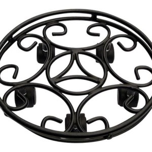 May include: A black metal plant stand with an oval design. The stand has scrolling, ornate patterns and is supported by small wheels. The dark finish adds a classic touch to this garden accessory. The stand is designed to hold a plant pot.