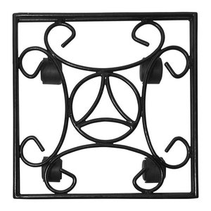 May include: Black metal plant stand with a square frame and ornate scrollwork design. The stand has four wheels for easy movement.