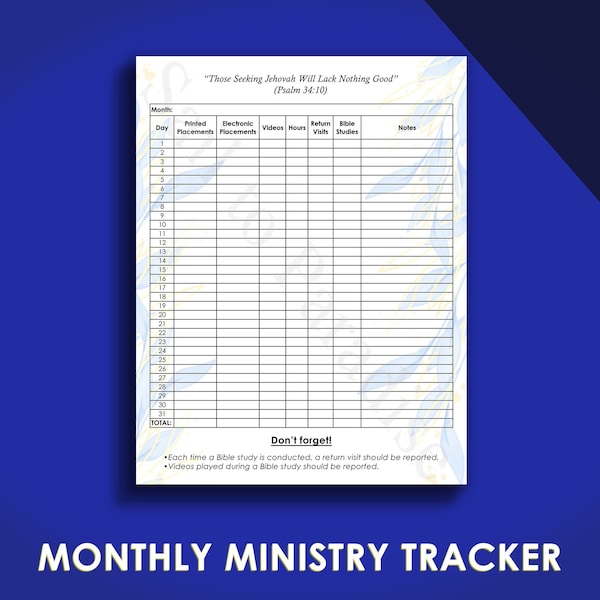 Monthly Field Service Tracker, JW - Digital PDF, JW Ministry Organizer