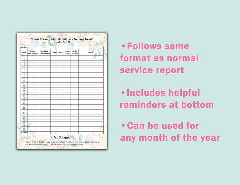 Monthly Field Service Tracker, JW Digital PDF, JW Ministry Organizer image 3