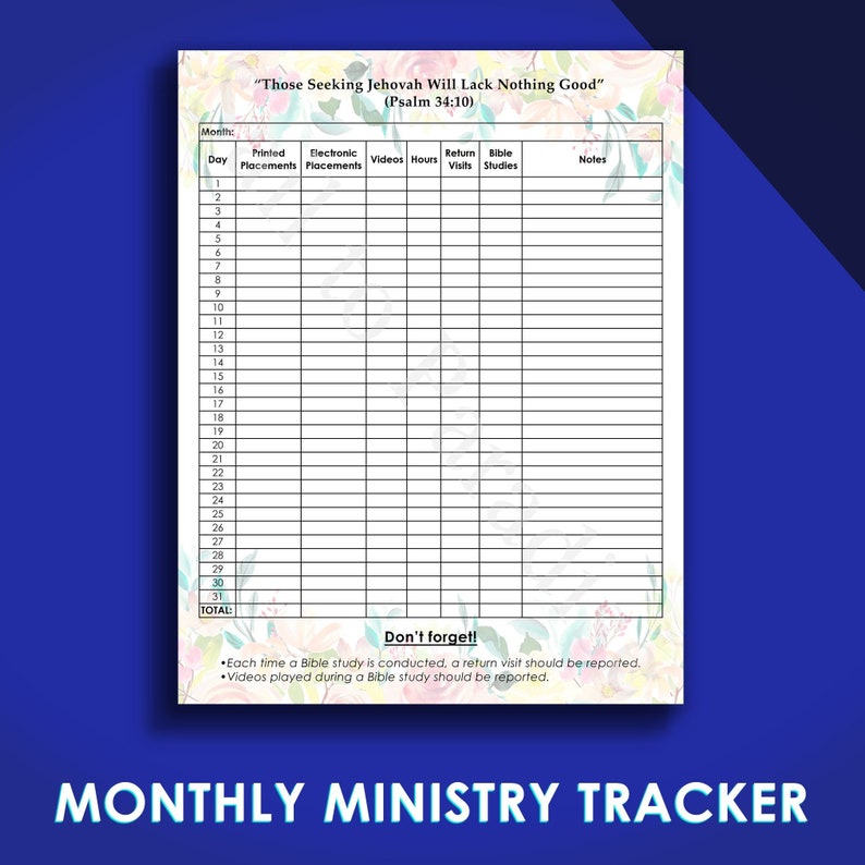 Monthly Field Service Tracker, JW Digital PDF, JW Ministry Organizer image 1