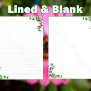 May include: Two printable stationery sheets with a floral border. The left sheet has lined paper and the right sheet is blank. Both sheets have the text "Sail to Paradise" in the corner.