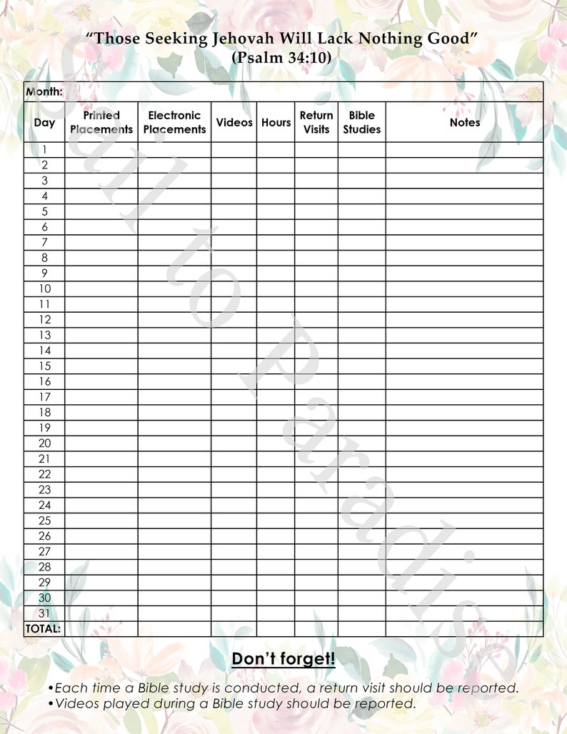 Monthly Field Service Tracker, JW Digital PDF, JW Ministry Organizer image 2