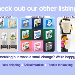 May include: A promotional graphic featuring three sections labeled International Gifts, Unique Tiles, and Figure Accessories. The image displays various small square tiles with printed text and graphics, alongside small plastic toy figures holding items.