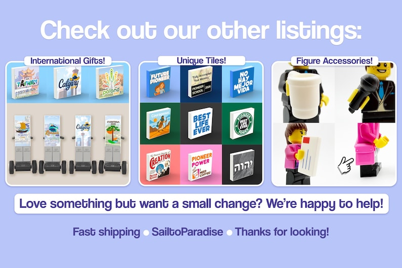 May include: A promotional graphic featuring three sections labeled International Gifts, Unique Tiles, and Figure Accessories. The image displays various small square tiles with printed text and graphics, alongside small plastic toy figures holding items.