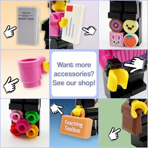 May include: A collection of plastic toy accessories including a gray book labeled Holy Scriptures, a white envelope, a donut, a smiley face, a rabbit, a strawberry, a pink mug, a black watch, colorful flower studs, a Teaching Toolbox, and a brown bag.