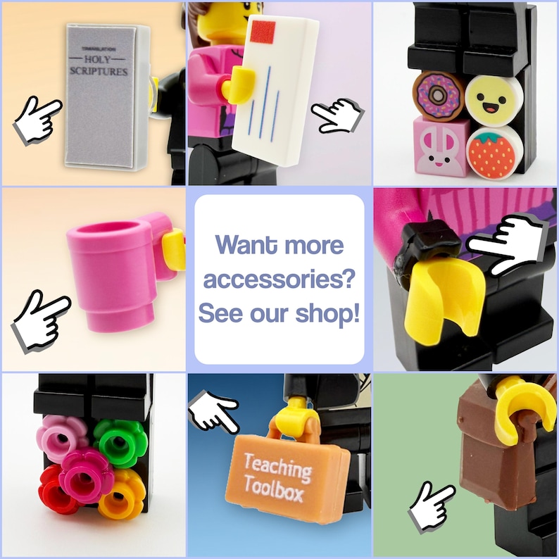 May include: A collection of plastic toy accessories including a gray book labeled Holy Scriptures, a white envelope, a donut, a smiley face, a rabbit, a strawberry, a pink mug, a black watch, colorful flower studs, a Teaching Toolbox, and a brown bag.