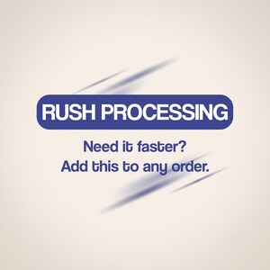 May include: A digital graphic featuring a dark blue horizontal pill-shaped banner with the white text RUSH PROCESSING. Below this, the dark blue text reads Need it faster? Add this to any order. The design includes subtle dark blue motion lines.