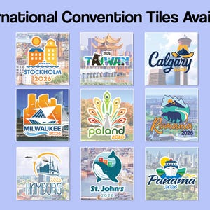 May include: A collection of nine square decorative tiles featuring colorful graphic illustrations of various cities and countries including Stockholm, Taiwan, Calgary, Milwaukee, Poland, Romania, Hamburg, St. John's, and Panama, all labeled 2026.