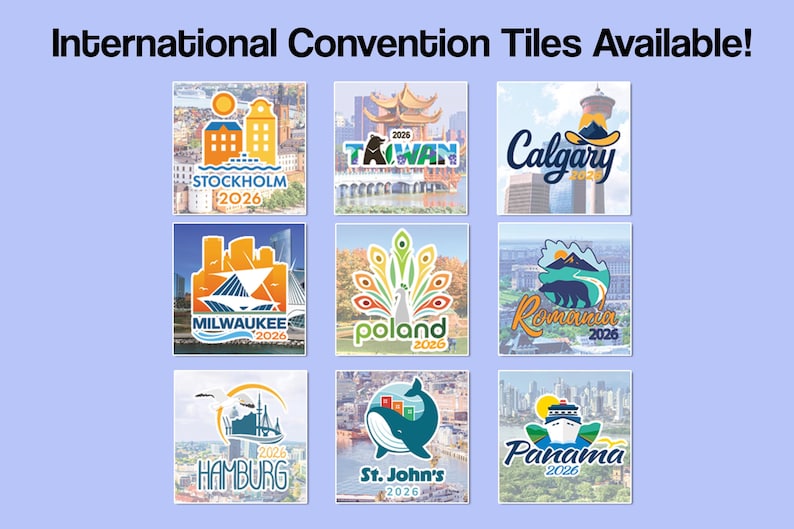 May include: A collection of nine square decorative tiles featuring colorful graphic illustrations of various cities and countries including Stockholm, Taiwan, Calgary, Milwaukee, Poland, Romania, Hamburg, St. John's, and Panama, all labeled 2026.