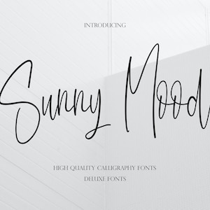Puede incluir: Presentación de Sunny Mood, una fuente de caligrafía de alta calidad. La fuente está escrita en un estilo cursivo con un toque moderno.