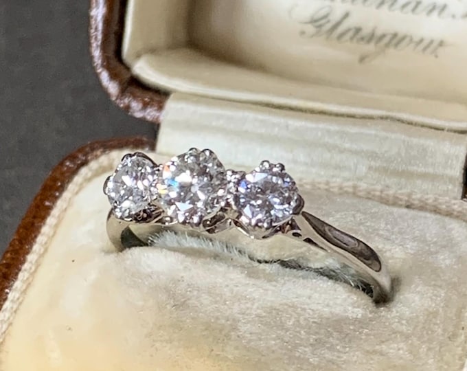 Antique Platinum Trilogy Ring: 0.70ct VVS1 G/H Diamond Engagement Ring (Size 6)