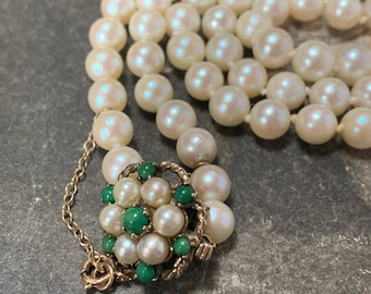 Matinee length 6mm akoya pearl Necklace. 87 large pearls 24 inch vintage necklace. Beautiful gold clasp with turquoise and pearls gemstones