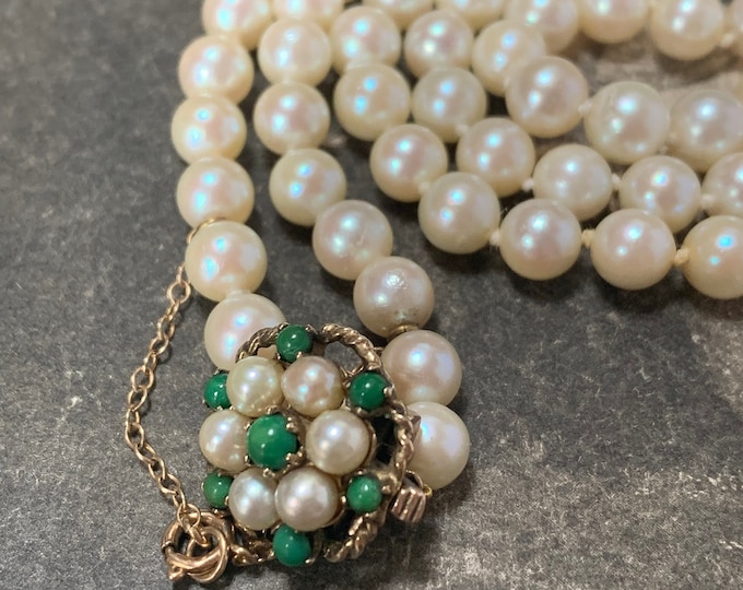 Matinee length 6mm akoya pearl Necklace. 87 large pearls 24 inch vintage necklace. Beautiful gold clasp with turquoise and pearls gemstones