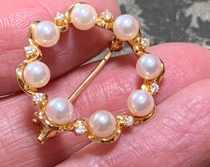 Vintage Mikimoto Pearl Diamond Brooch, 18ct Gold Akoya Pearl Brooch