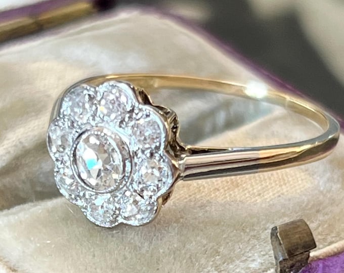 Edwardian 0.70ct Diamond Cluster Ring, 18ct Gold Platinum Antique Engagement Ring
