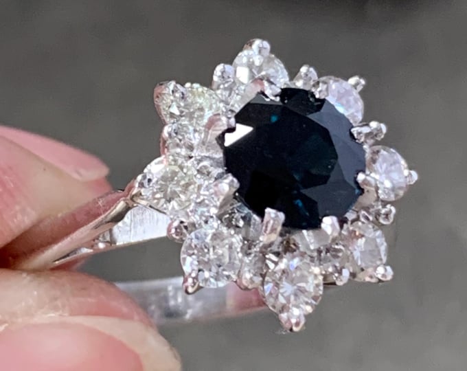 Vintage 18ct White Gold Sapphire Diamond Ring, Natural Blue Sapphire Halo